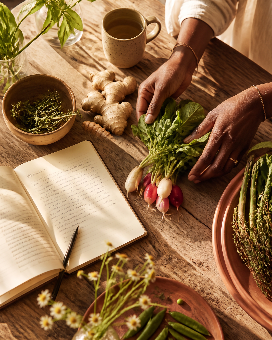 Warm kitchen scene with fresh vegetables and an open notebook
